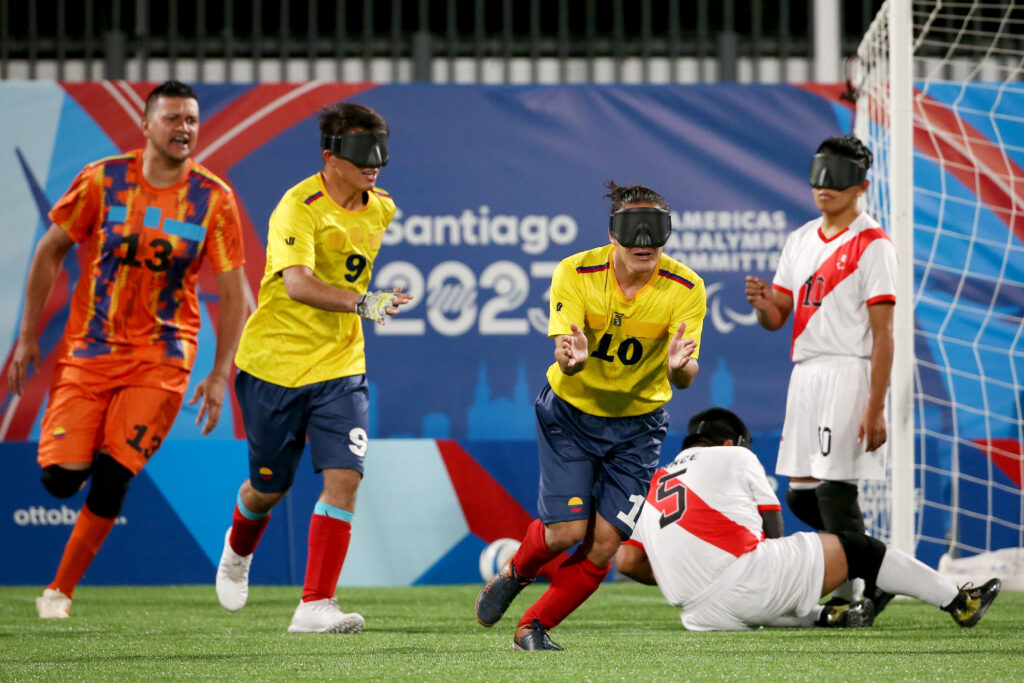 Juan Perez of Colombia celebrates during a Blind football match Colombia vs Peru at the Parapan American Games
